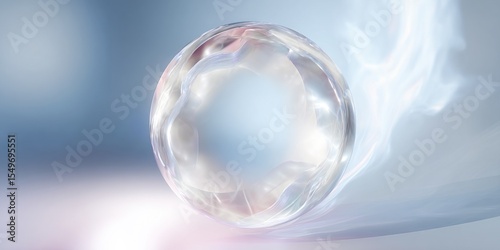 A translucent sphere with internal distortions and a light blue background with white smoke effect