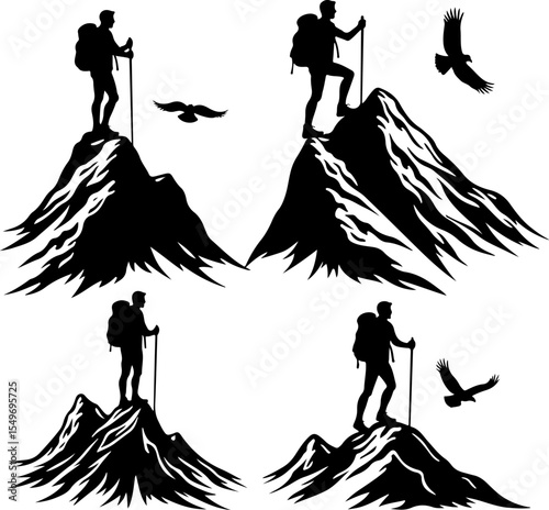Hikers Silhouette Standing on Mountain Peak vector bundle