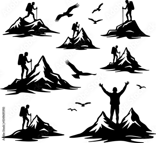 Hikers Silhouette Standing on Mountain Peak vector bundle