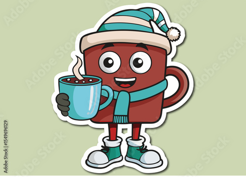 Festive Kawaii Mug with Holly Berries and Cinnamon Stick Sticker on Beige Background cute cartoon