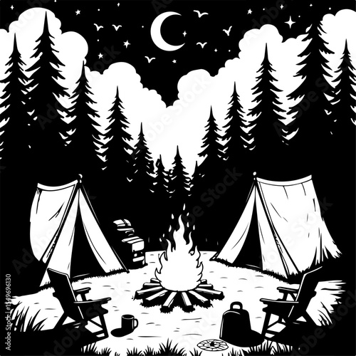 Mountain Camping Scene with Tent, Campfire, and  vector 
