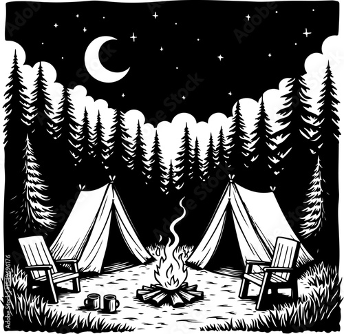 Mountain Camping Scene with Tent, Campfire, and  vector 
