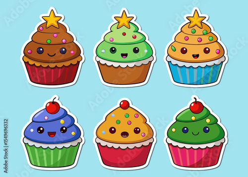 Collection of Six Cute Cartoon Cupcakes with Different Frosting Colors and Toppings on a Light Blue Background