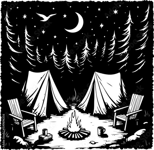 Night Forest Campfire Scene with Tents and Chairs vector 