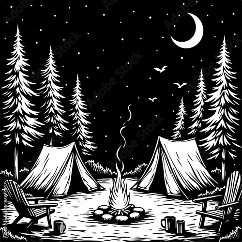 Mountain Camping Scene with Tent, Campfire, and  vector 
