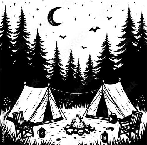 Mountain Camping Scene with Tent, Campfire, and  vector 
