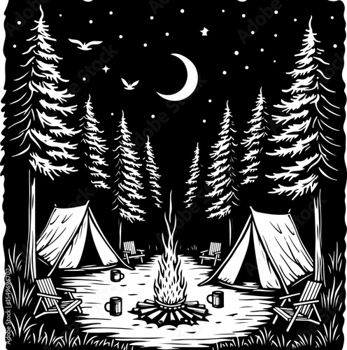 Mountain Camping Scene with Tent, Campfire, and  vector 