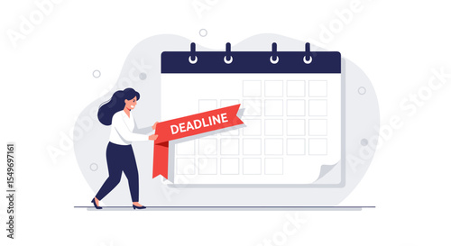 Deadline concept with businesswoman holding red banner against calendar for time management design vector illustration