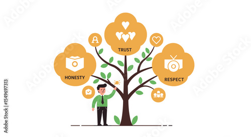 Trust tree illustration highlighting values of honesty and respect for educational and inspirational designs vector illustration