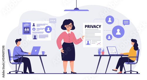 Privacy policy presentation in office environment for informative business design vector illustration