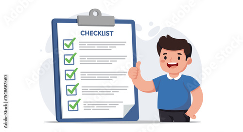 Cheerful boy with completed checklist and thumbs up - vector illustration for achievement concept