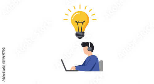 Creativity and innovation with person at laptop and light bulb idea concept vector illustration