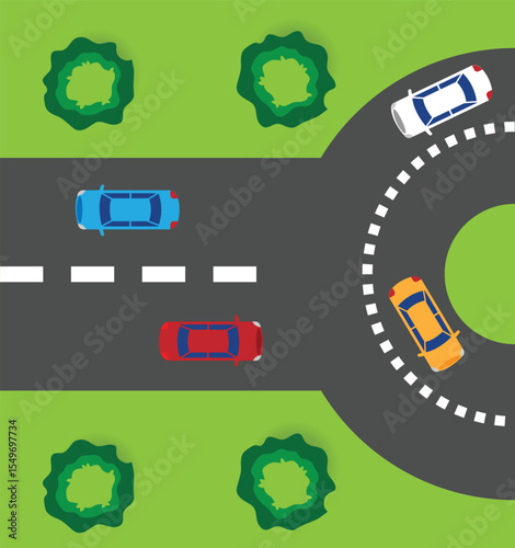 Roundabout Rotunda Road Top View with Cars. Traffic regulation and city infrastructure vector art