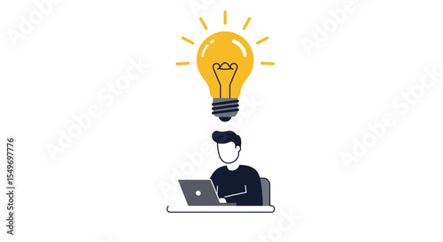 Innovative idea concept with person at laptop and light bulb for creative solutions vector illustration