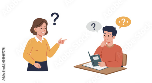 Curiosity and learning interaction between woman and man with book - education and knowledge theme illustration vector illustration