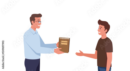 Illustration of a book exchange between two smiling men in casual clothing vector illustration