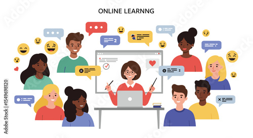 Online learning illustration featuring diverse students and teacher engaging in virtual classroom vector illustration