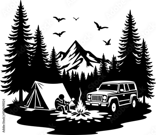 Hiking Man Scene with Tent, Campfire, SUV, and Mountains vector bundle