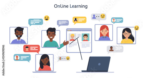 Online learning concept with diverse people in virtual meeting for educational engagement vector illustration