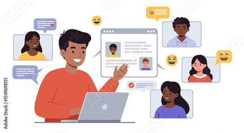Virtual team collaboration and communication with diverse colleagues for online meetings and remote work vector illustration