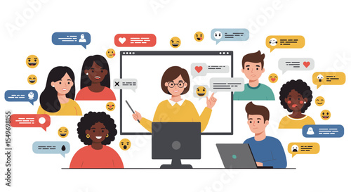 Online communication and social interaction concept for team meetings and virtual networking vector illustration