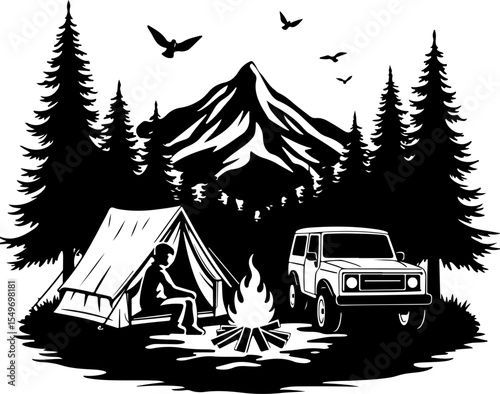 Hiking Man Scene with Tent, Campfire, SUV, and Mountains vector bundle