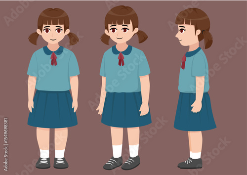 Girls in school uniform in various views, front, side, oblique