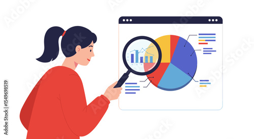 Data analysis and presentation illustration: woman examining charts for business insights vector illustration