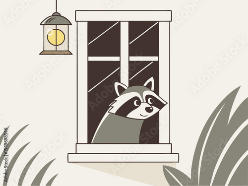 Cozy flat design of raccoon peeking through window with warm pendant light glow