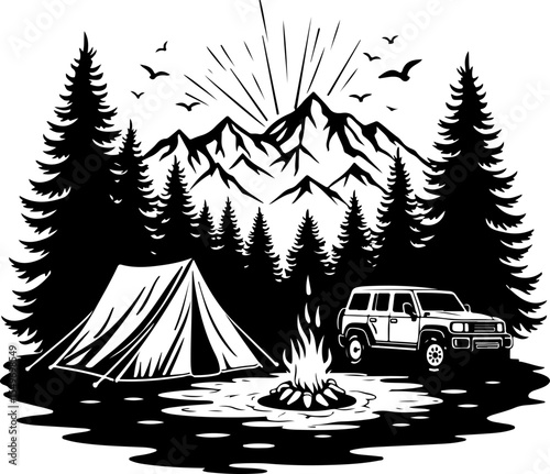 Hiking Man Scene with Tent, Campfire, SUV, and Mountains vector bundle