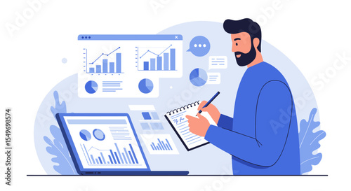 Business data analysis and planning concept with charts and notebooks - vector illustration for reports and presentations