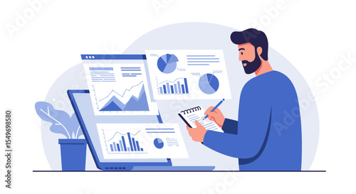Business data analysis concept: professional examining reports and charts for strategic insights vector illustration