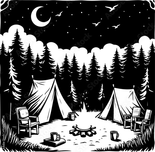 Mountain Camping Scene with Tent, Campfire, and  vector 