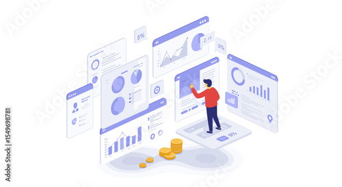 Financial data analysis and visualization with interactive charts in isometric illustration design vector illustration