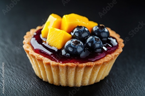 Tartlet with blueberry jam and mango on a dark background, close-up view, Minimalistic photo for menu design or food magazine