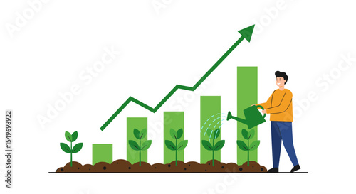 Business growth concept with growing plants and bar chart for success and progress illustration vector illustration