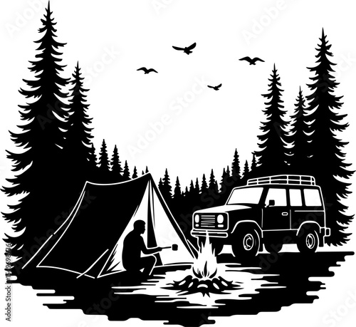 Hiking Man Scene with Tent, Campfire, SUV, and Mountains vector bundle