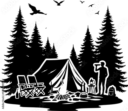 Mountain Camping Scene with Tent, Campfire, and  vector 