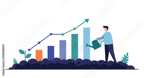 Growth and success illustration with businessman nurturing bar graph for financial progress design vector illustration