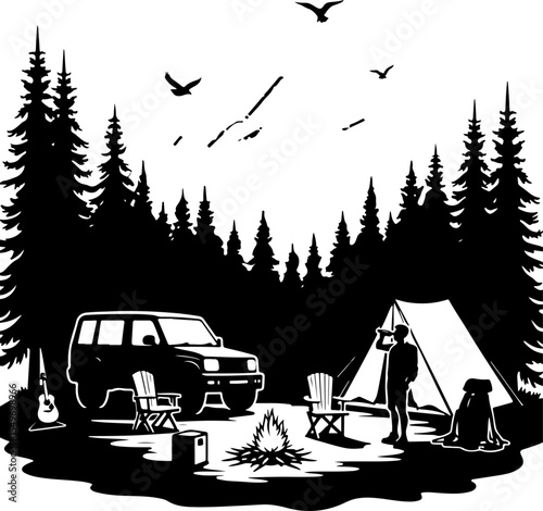 Mountain Camping Scene with Tent, Campfire, and  vector 