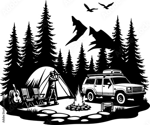 Mountain Camping Scene with Tent, Campfire, and  vector 