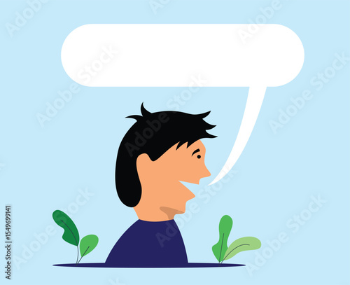 Talking Head of a Happy Young Man Side View with Speech Bubble. People and dialogue, emotion vector art