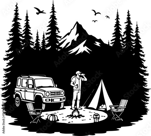 Mountain Camping Scene with Tent, Campfire, and  vector 