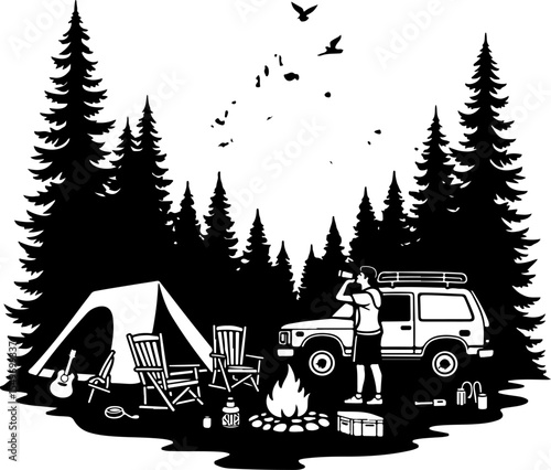 Mountain Camping Scene with Tent, Campfire, and  vector 