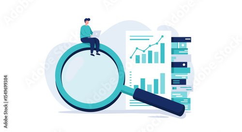 Data analysis and research concept illustration with magnifying glass and charts vector illustration