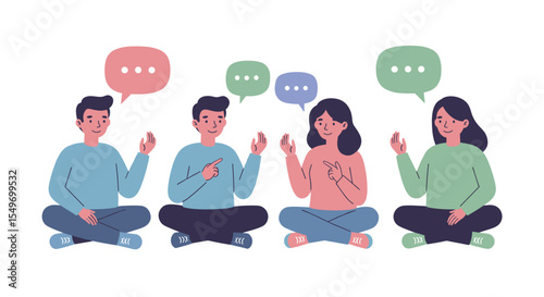 Group communication and discussion concept with people engaging in conversation for educational and team-building design vector illustration