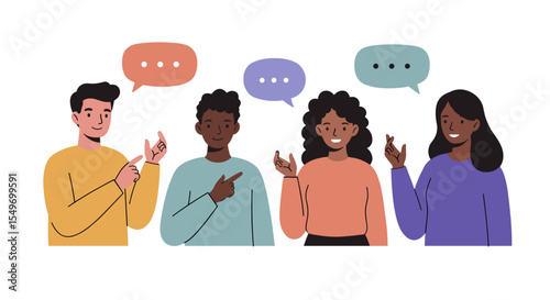 Diverse group engaging in friendly conversation with speech bubbles - perfect for communication and teamwork design vector illustration