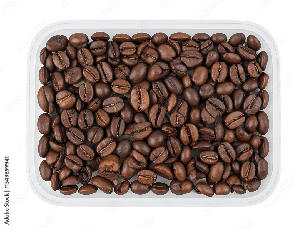 Naklejka premium white resin rectangular tray filled with embedded roasted coffee beans, modern cafe-inspired decorative tableware or lifestyle prop, on isolated background