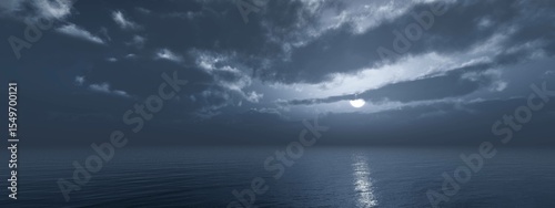 Panorama of sea sunset, ocean sunrise, seascape, 3d rendering