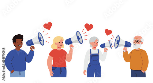 Diverse group expressing love and connection through megaphones in a heartfelt illustration vector illustration